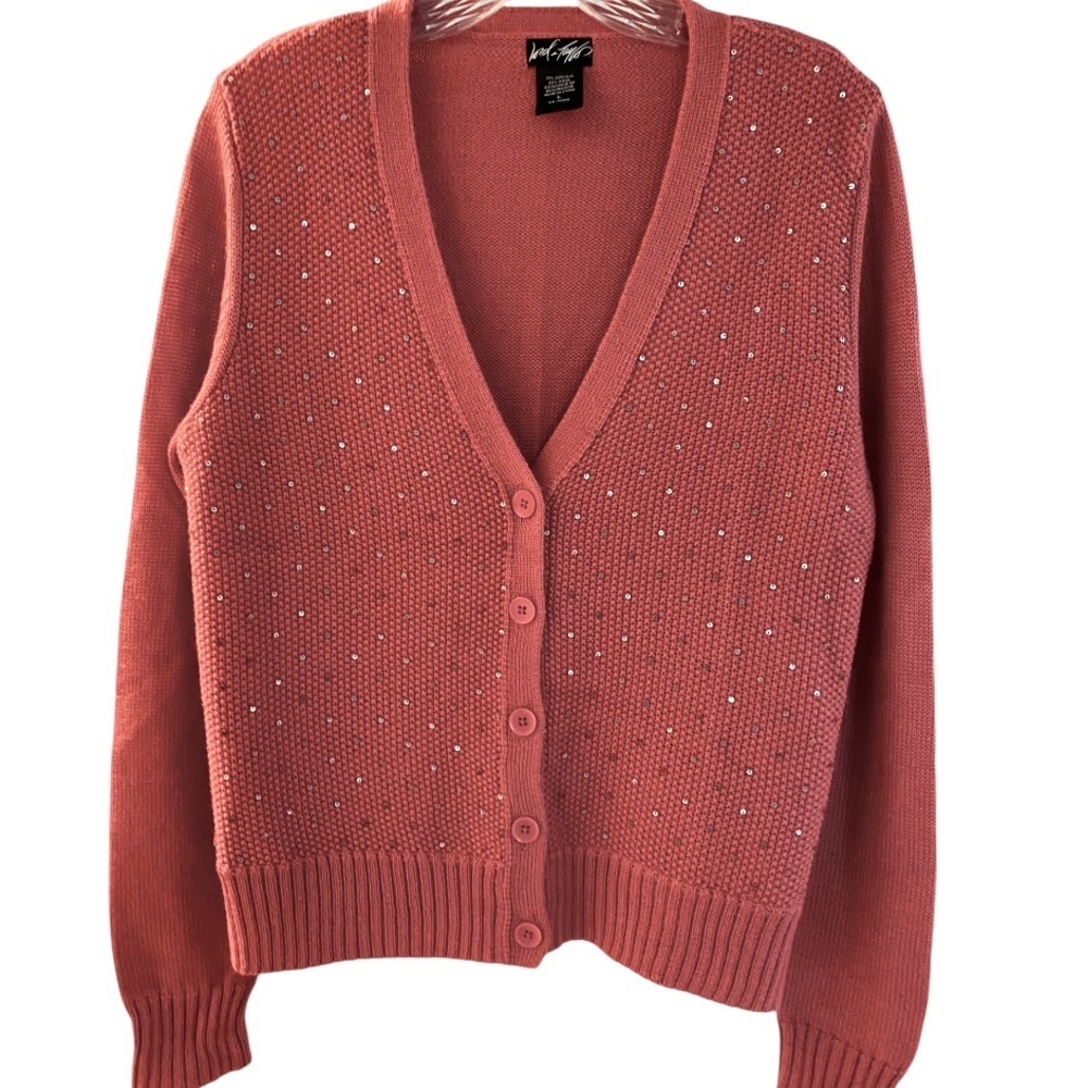Women's Sweater lord & Taylor coral color with gray sequins V-neck Large